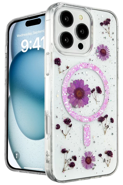 Apple iPhone 16 Pro Kılıf Daisy Simli Magsafe Kapak - Mor