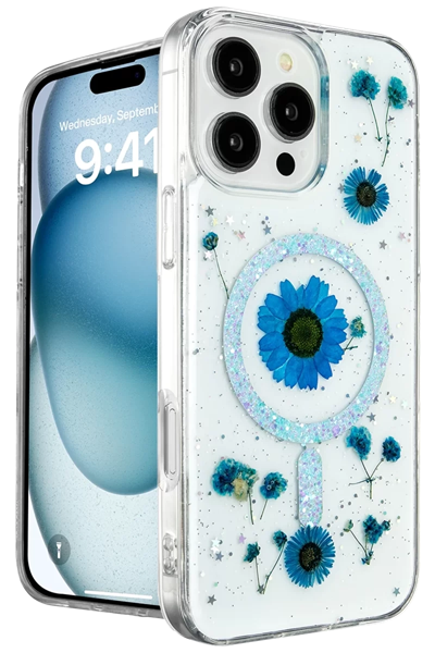 Apple iPhone 16 Pro Kılıf Daisy Simli Magsafe Kapak - Mavi