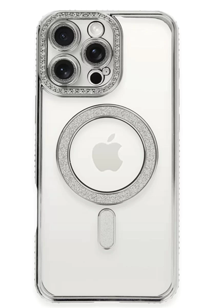 Apple iPhone 16 Pro Kılıf Joke Simli Magneticsafe Kılıf - Gümüş