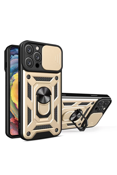 Apple iPhone 16 Pro Kılıf Pars Lens Yüzüklü Silikon - Gold