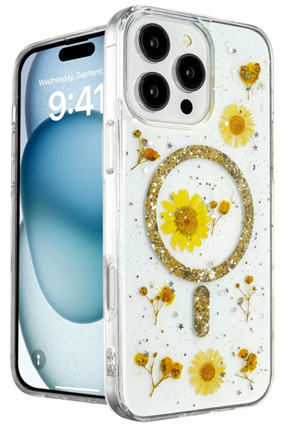 Apple iPhone 16 Pro Max Kılıf Daisy Simli Magsafe Kapak - Gold