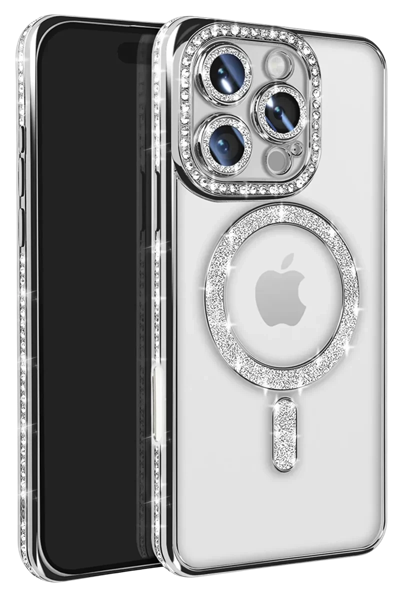 Apple iPhone 16 Pro Max Kılıf Joke Simli Magneticsafe Kılıf - Gümüş