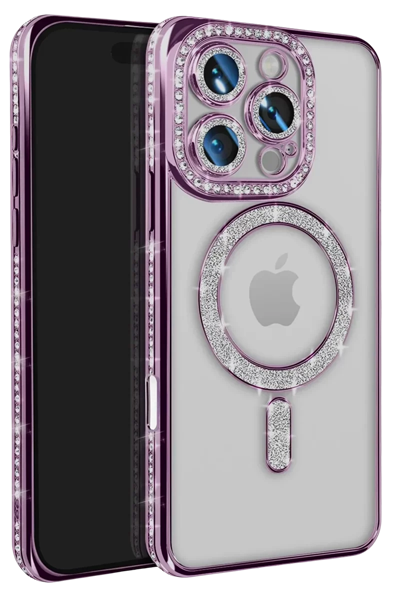 Apple iPhone 16 Pro Max Kılıf Joke Simli Magneticsafe Kılıf - Derin Mor