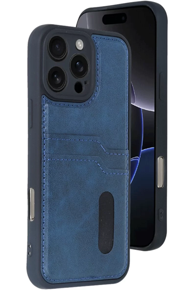 Apple iPhone 16 Pro Max Kılıf Sara Kartvizitli Deri Kılıf - Lacivert