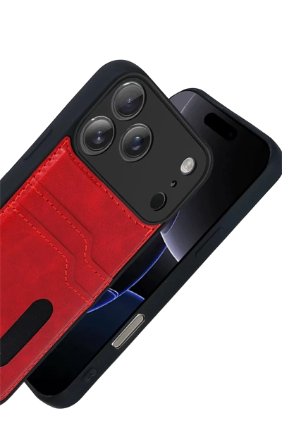 Apple iPhone 17 Pro Max Sara Kartvizitli Deri Kılıf - Kırmızı
