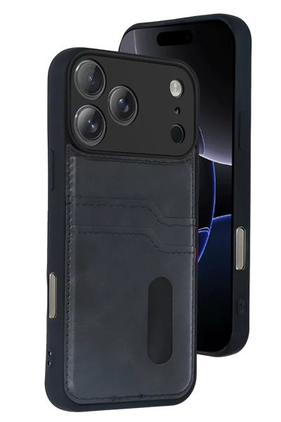 Apple iPhone 17 Pro Max Sara Kartvizitli Deri Kılıf - Siyah