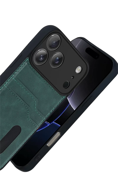 Apple iPhone 17 Pro Sara Kartvizitli Deri Kılıf - Yeşil