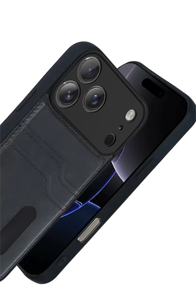 Apple iPhone 17 Pro Sara Kartvizitli Deri Kılıf - Siyah
