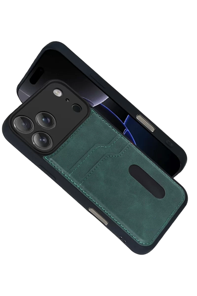 Apple iPhone 17 Pro Sara Kartvizitli Deri Kılıf - Yeşil