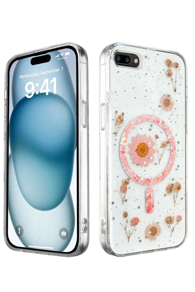 Apple iPhone 7 Plus Kılıf Daisy Simli Magsafe Kapak - Pembe