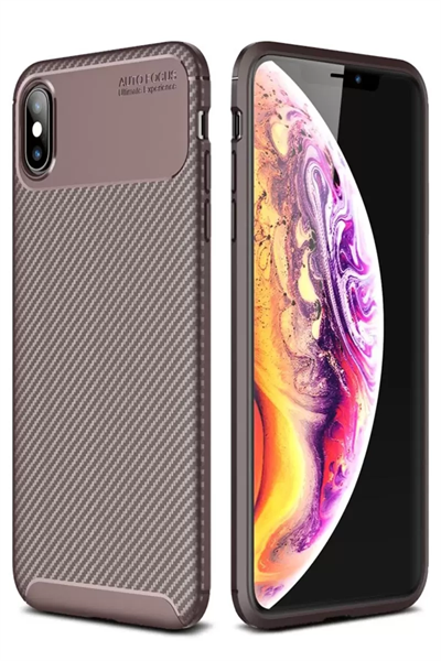 Apple iPhone XS Max Kılıf Auto Focus Karbon Kapak - Kahverengi