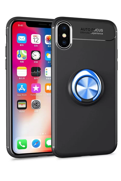 Apple iPhone XS Max Kılıf Range Yüzüklü Silikon - Siyah-Mavi