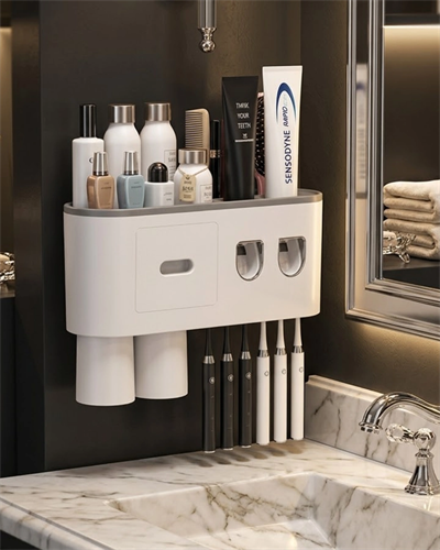 Çift Dispenserli Diş Macunu Sıkacağı 6 Fırçalık Bardaklı Banyo Organizer