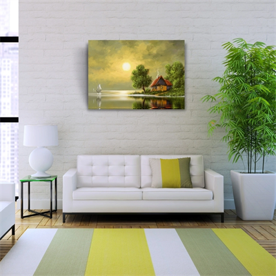 Dolunay ve Göl kenarındaki Ev Yağlıboya Kanvas Tablo 50 x 70