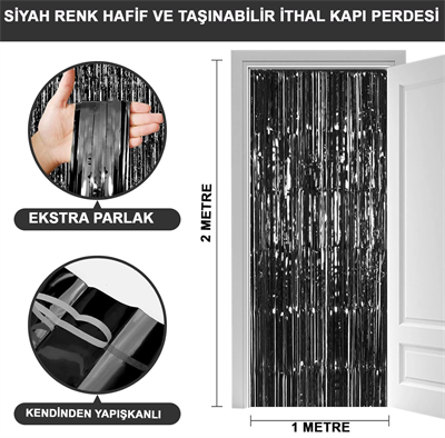Ekstra Metalize Parlak Saçaklı Arka Fon Perde Siyah