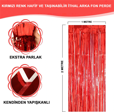 Ekstra Metalize Parlak Saçaklı Arka Fon Perde Kırmızı