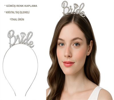 Gümüş Renkli Taşlı “Bride” Gelin Tacı