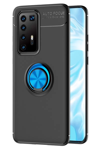 Huawei P40 Pro Kılıf Range Yüzüklü Silikon - Siyah-Mavi