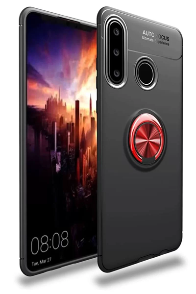 Huawei Y6P Kılıf Range Yüzüklü Silikon - Siyah-Kırmızı
