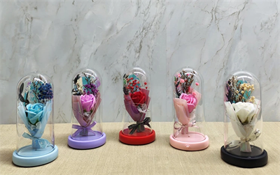 Işıklı Müzikli Cam Fanus İçinde Lavantalı Romantik Gül