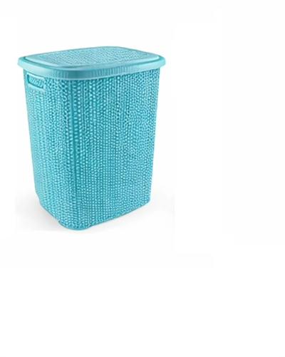 Kirli Çamaşır Sepeti Kapaklı 65 LT Örgü Desenli Plastik Çamaşır Sepeti Banyo Sepeti - Turkuaz
