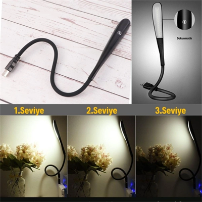 Kompakt USB Siyah 14 Ledli 3 Kademeli Dokunmatik Okuma Lambası