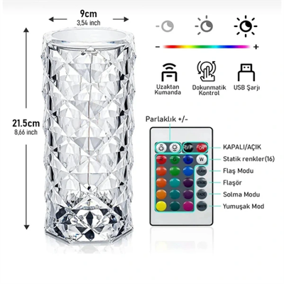 Kristal LED Kumandalı Ve Dokunmatik Masa Lambası