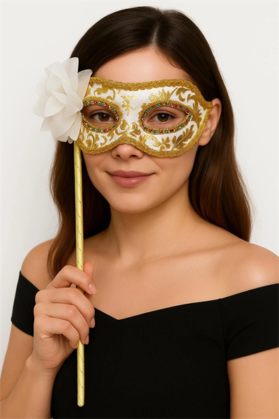 Lüks Taşlı Saplı Maskeli Balo Maskesi Beyaz Renk 35 cm