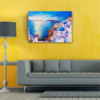 Mikanos Adası Mavi ve Beyaz Yağlıboya Kanvas Tablo 50 x 70