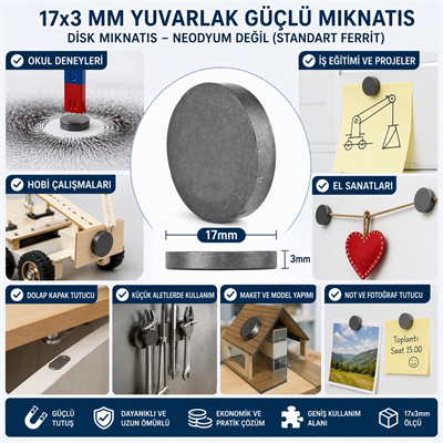 Mıknatıs 17x3 mm Yuvarlak Güçlü Mıknatıs Disk Mıknatıs