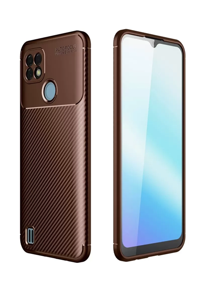 Realme C21 Kılıf Auto Focus Karbon Kapak - Kahverengi