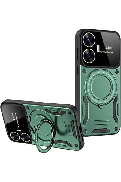 Realme C55 Kılıf Joy Lens Standlı Kapak - Koyu Yeşil