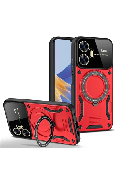 Realme C55 Kılıf Joy Lens Standlı Kapak - Kırmızı
