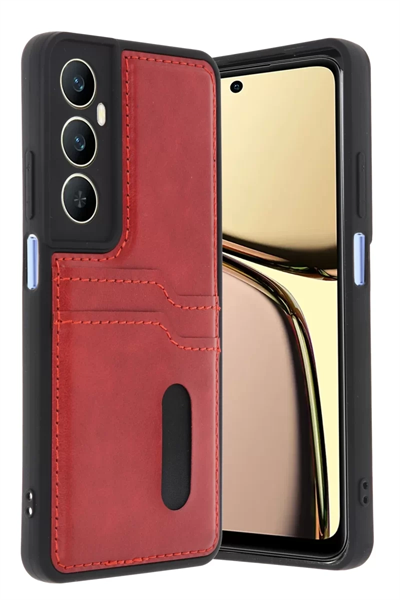 Realme C65 Sara Kartvizitli Deri Kılıf - Kırmızı