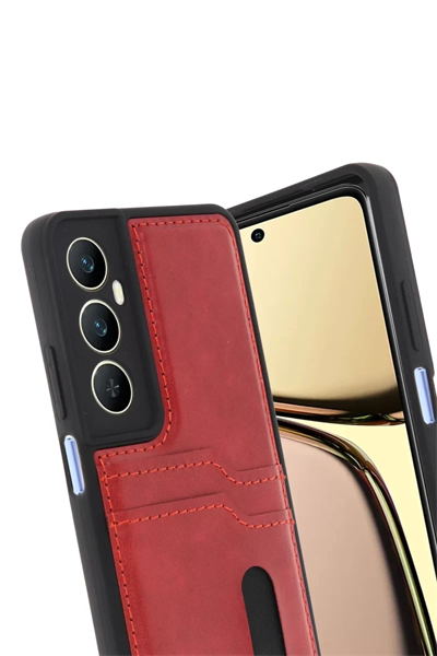 Realme C65 Sara Kartvizitli Deri Kılıf - Kırmızı