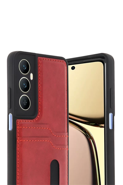 Realme C65 Sara Kartvizitli Deri Kılıf - Kırmızı