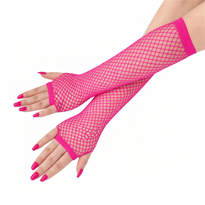Retro Neon Fuşya File Parmaksız Eldiven 26 cm