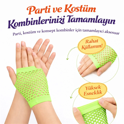 Retro Neon Yeşil File Parmaksız Kısa Eldiven 11 cm