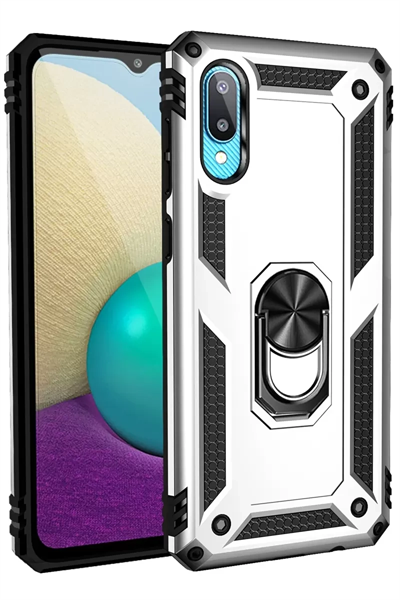 Samsung Galaxy A02 Kılıf Sofya Yüzüklü Silikon Kapak - Gümüş