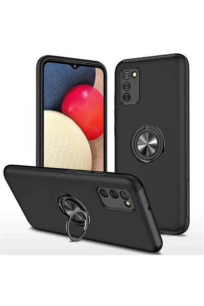Samsung Galaxy A02S Kılıf Elit Yüzüklü Kapak - Siyah