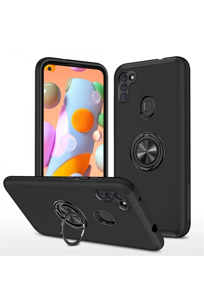 Samsung Galaxy A11 Kılıf Elit Yüzüklü Kapak - Siyah