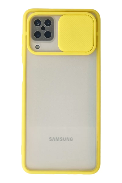 Samsung Galaxy A12 Kılıf Palm Buzlu Kamera Sürgülü Silikon - Sarı