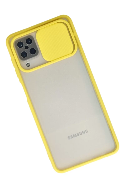 Samsung Galaxy A12 Kılıf Palm Buzlu Kamera Sürgülü Silikon - Sarı