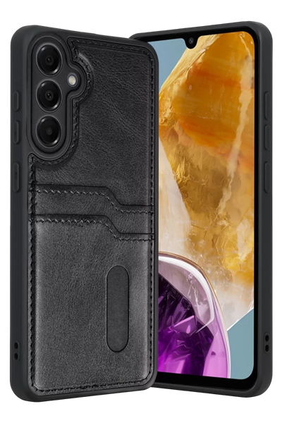 Samsung Galaxy M15 Sara Kartvizitli Deri Kılıf - Siyah