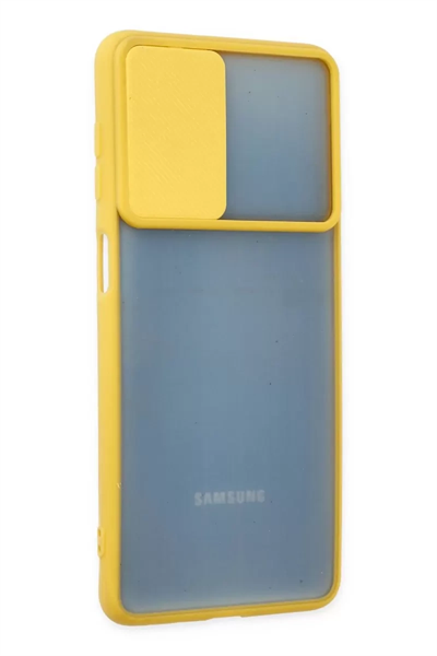 Samsung Galaxy M52 5G Kılıf Palm Buzlu Kamera Sürgülü Silikon - Sarı
