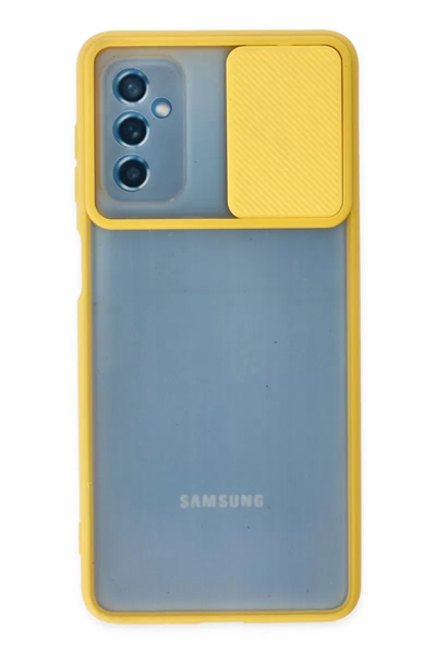Samsung Galaxy M52 5G Kılıf Palm Buzlu Kamera Sürgülü Silikon - Sarı