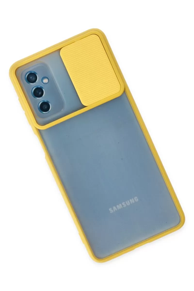 Samsung Galaxy M52 5G Kılıf Palm Buzlu Kamera Sürgülü Silikon - Sarı