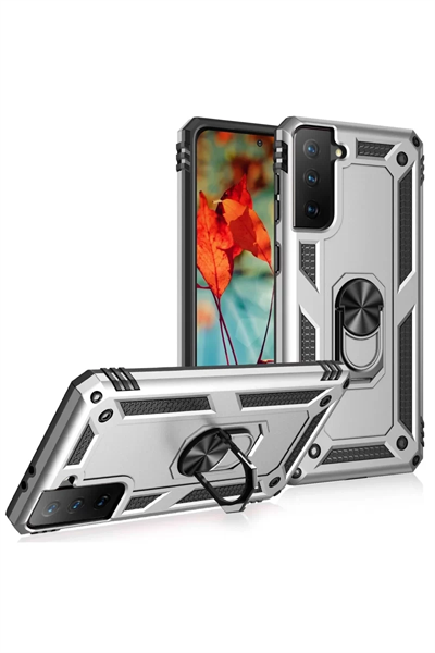 Samsung Galaxy S21 Kılıf Sofya Yüzüklü Silikon Kapak - Gümüş