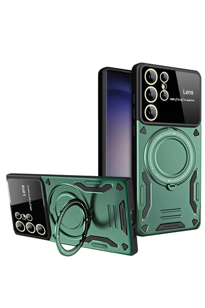 Samsung Galaxy S24 Ultra Kılıf Joy Lens Standlı Kapak - Koyu Yeşil