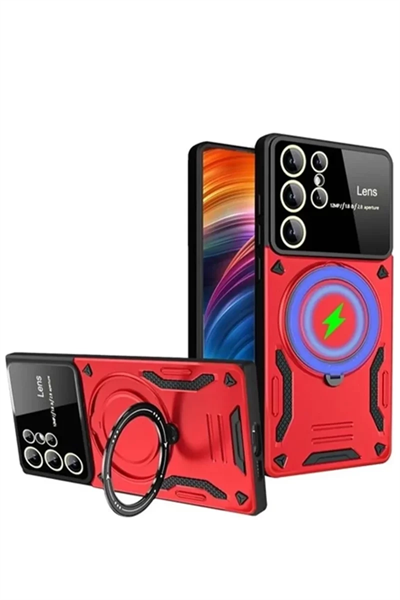 Samsung Galaxy S24 Ultra Kılıf Joy Lens Standlı Kapak - Kırmızı